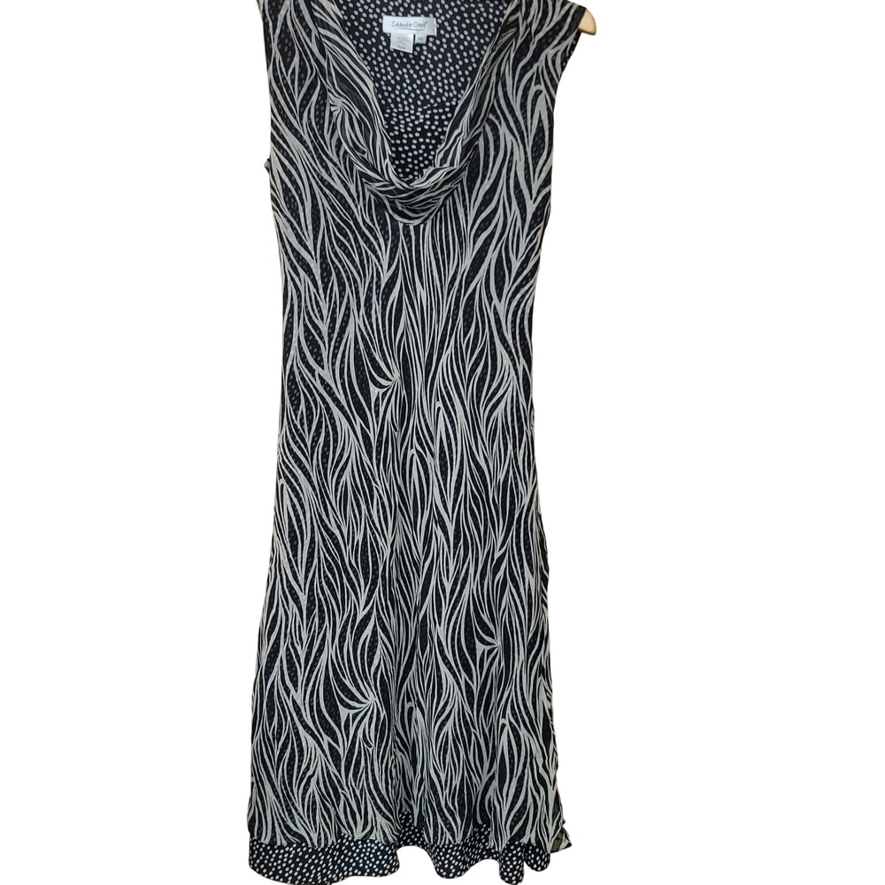 Coldwater Creek Womens Sz 8P Silk Cowl Neck Midi Dress Black Cream Abstract Wave